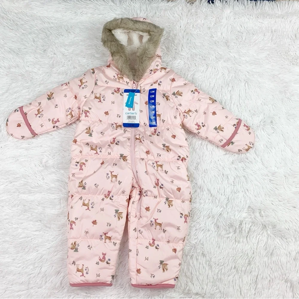 Carter's baby printed snowsuits‎ one piece hooded in pink